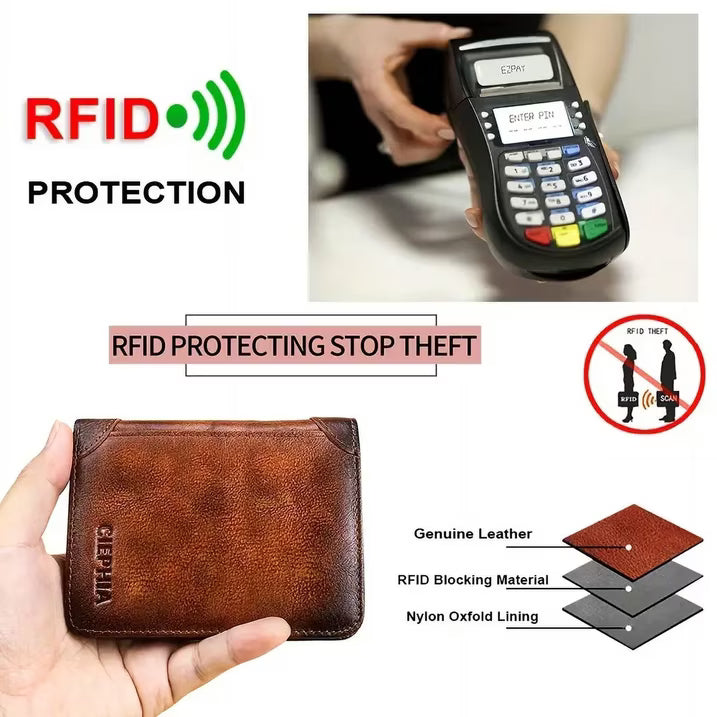 Genuine Leather RFID Wallets for Men Vintage Thin Short Multi-Function Card Holder