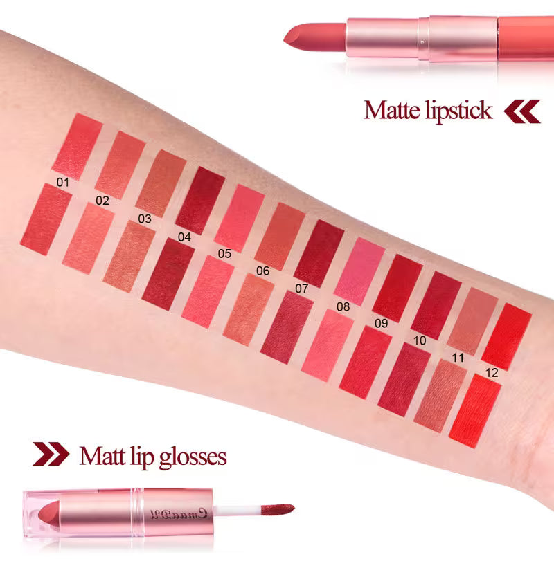 3-Color Long-Lasting Lipstick & Lip Glaze Set – Dual-Ended Design