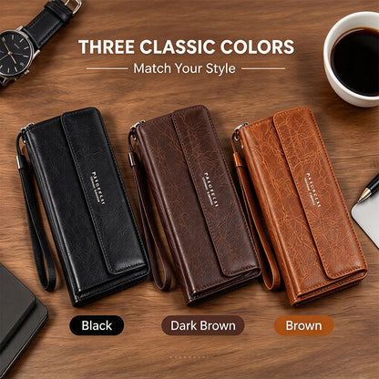 Men's Plain Black Business Style Long PU Leather Wallet - Stylish Clutch with Phone Pocket