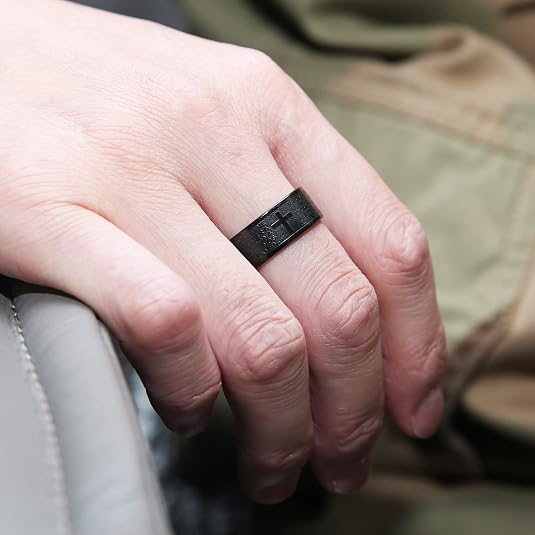 Mens Cross Titanium Ring Vintage Religious Band Polished Brushed