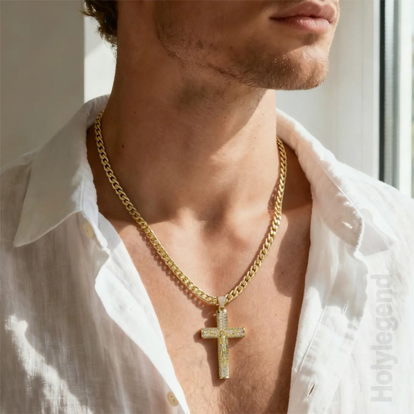 Gold-plated Cuban Figaro Chain with Jesus Christ Crucifix