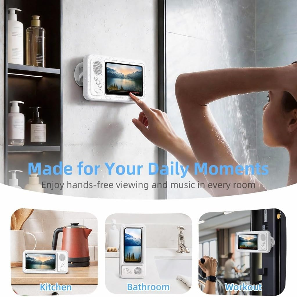 Shower Phone Holder with Speaker, Waterproof Wall Mounted Shower Phone Case for Bathroom