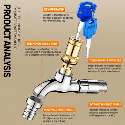 Brass Lockable Water Faucet with Key, 1/2 Inch Outdoor Anti-Theft Tap