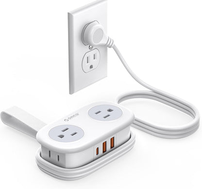 5.3FT Wrapped Extension Flat Plug Power Strip with Multiple Outlets