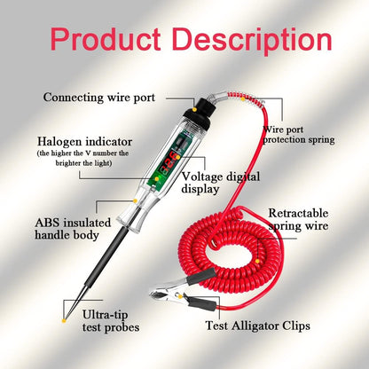 Automotive Test Light LED Digital Voltage Display with Red PU Extended Spring Wire