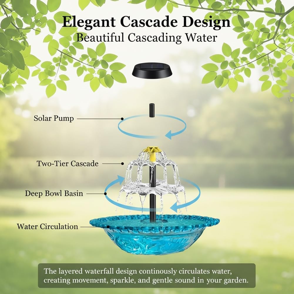 Hummingbird Bath Garden Fountain with Solars Powered Pump and Glass Bowl for Outside Backyard