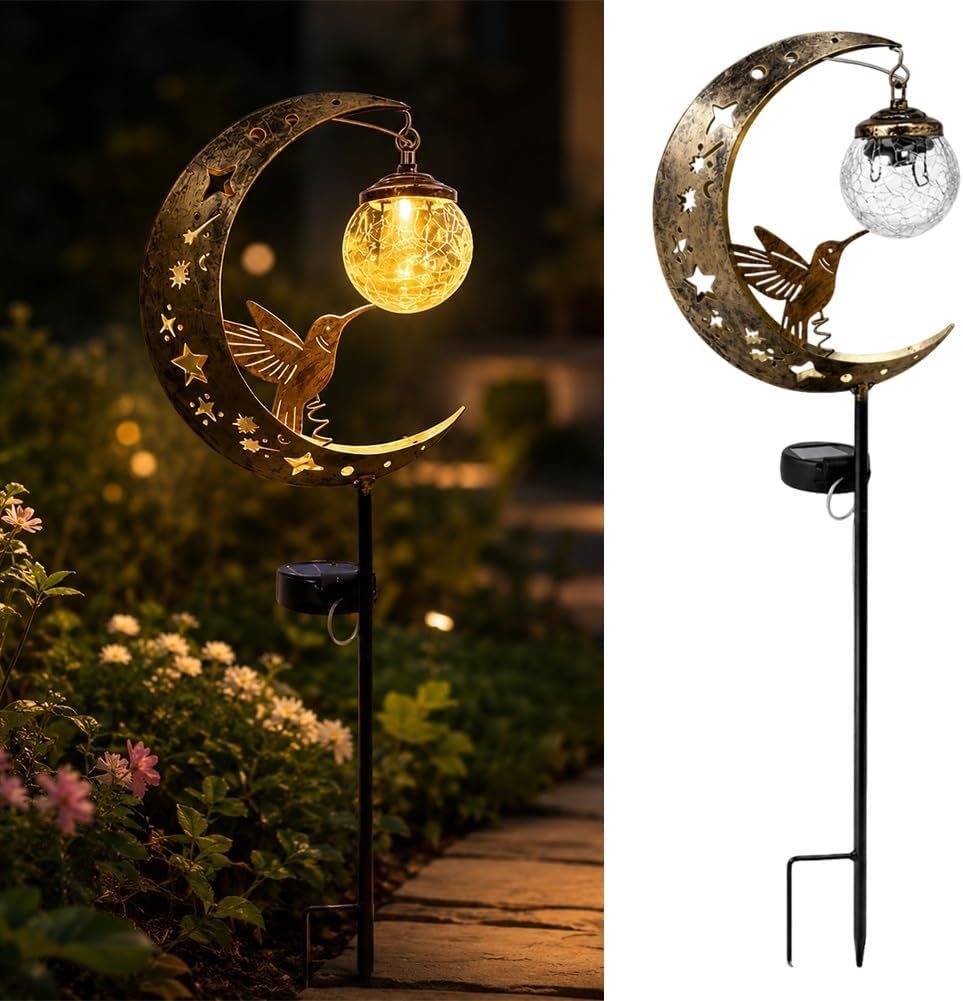 LED Metal Hummingbird Moon Solar Garden Stake Light Waterproof Crescent for Outside Yard Patio Lawn