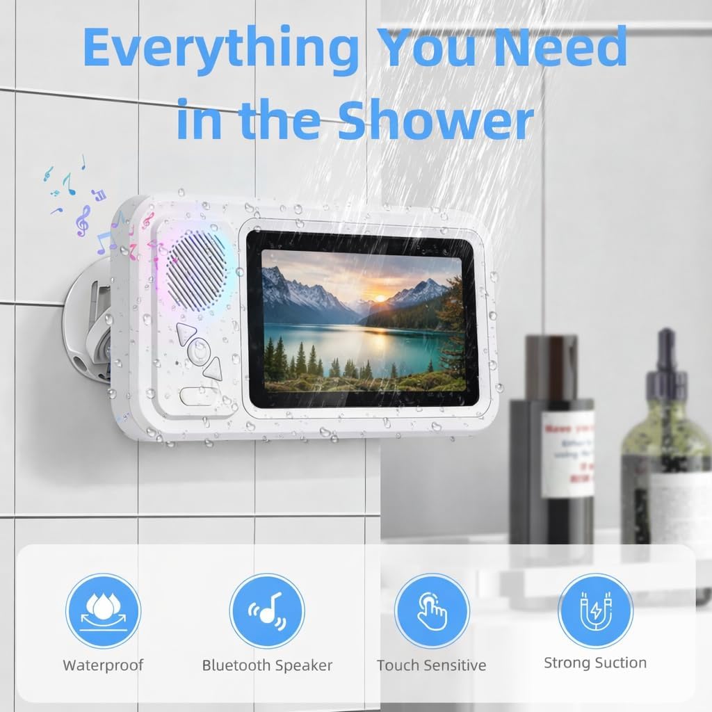 Shower Phone Holder with Speaker, Waterproof Wall Mounted Shower Phone Case for Bathroom