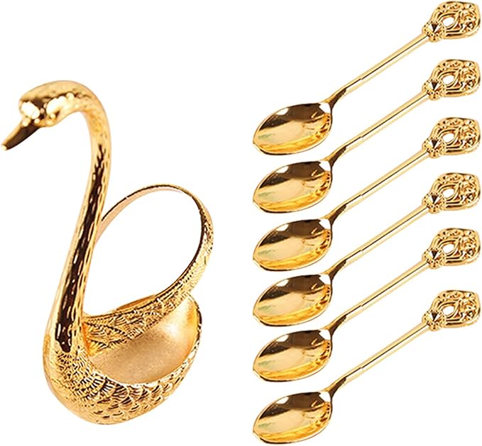 Luxury 6PCS Swan Coffee Spoon Set with Holder, Decorative Swan Stand Coffee Bar Accessories