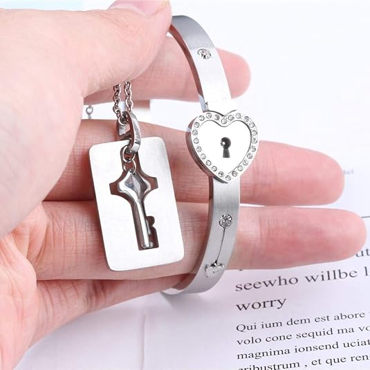 Lock Bracelet and Key Necklace Titanium Steel Couples Jewelry, Romantic Gift for Valentines Day, Birthday, Christmas, Wedding, Anniversary