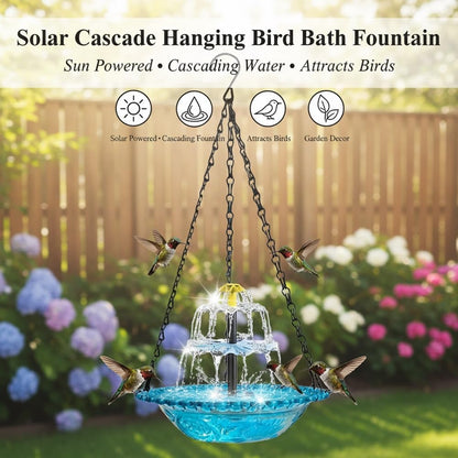 Hummingbird Bath Garden Fountain with Solars Powered Pump and Glass Bowl for Outside Backyard