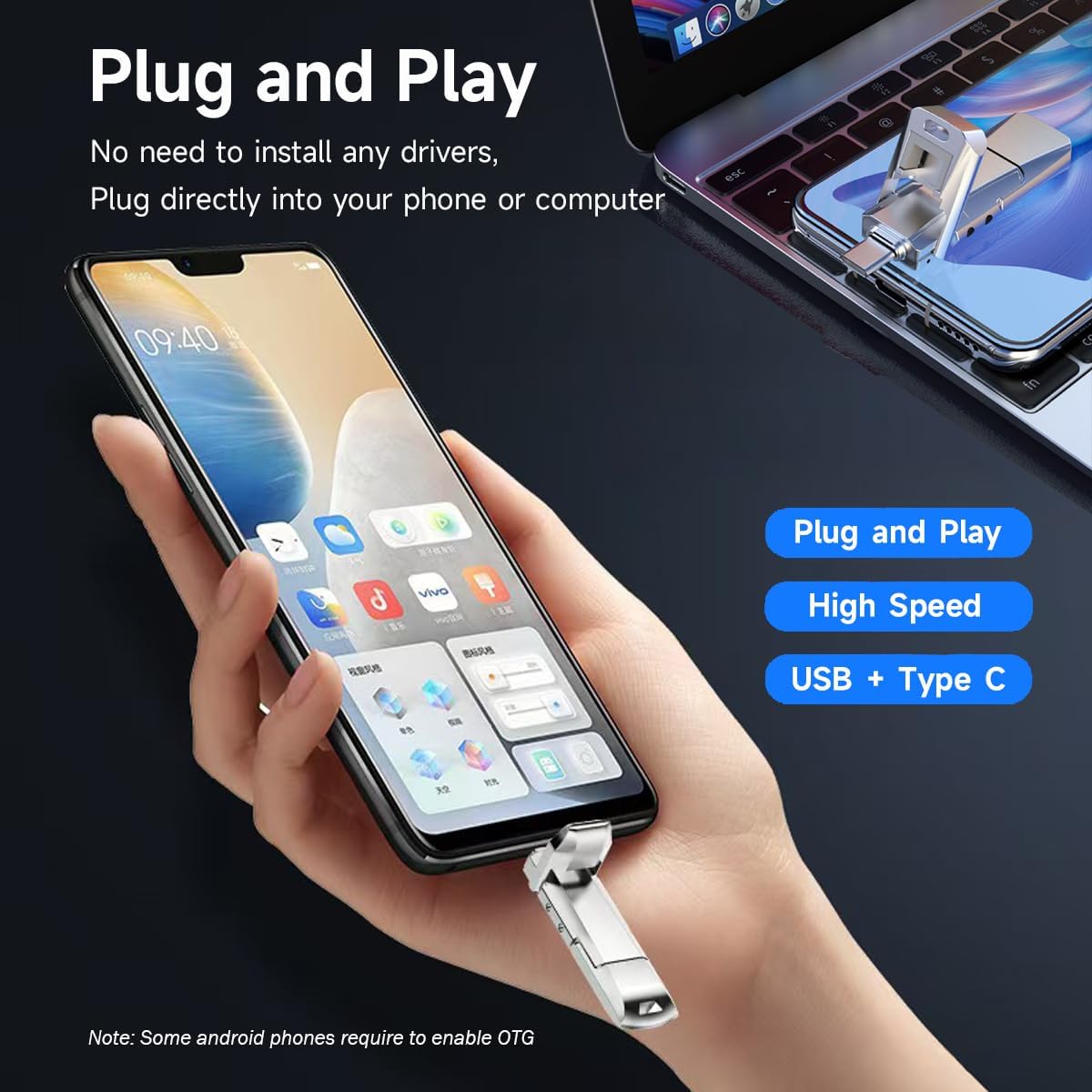 2TB Solid State USB Flash Drive 550Mbps High Speed USB C & USB 3.2 Dual Ports Thumb Drive