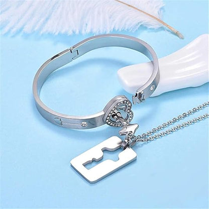Lock Bracelet and Key Necklace Titanium Steel Couples Jewelry, Romantic Gift for Valentines Day, Birthday, Christmas, Wedding, Anniversary