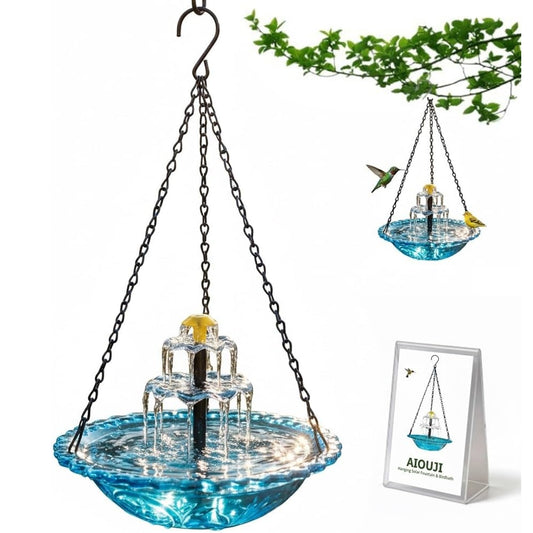 Hummingbird Bath Garden Fountain with Solars Powered Pump and Glass Bowl for Outside Backyard
