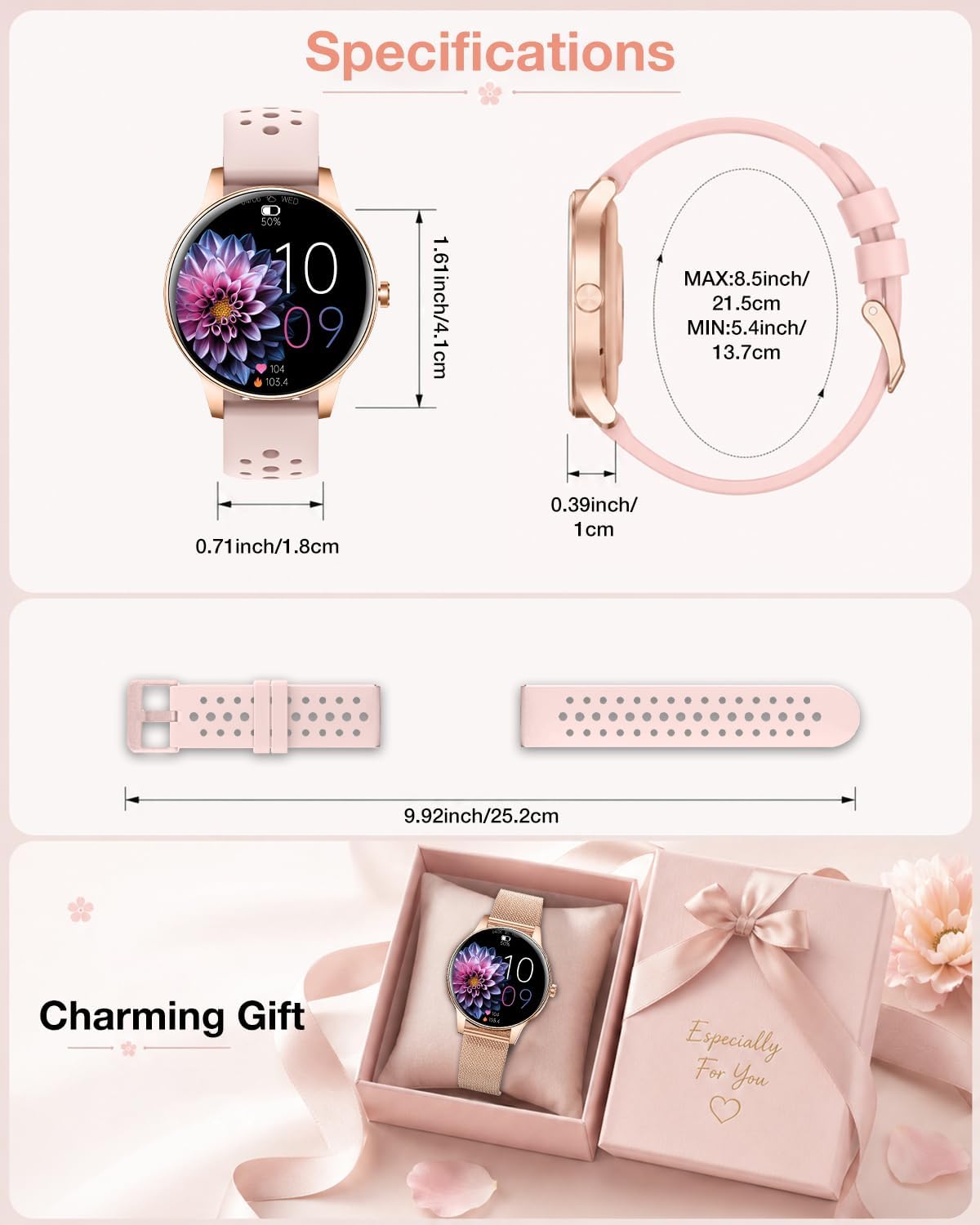 1.27" HD Fitness Tracker Smart Watch for Women 130+ Sports Modes, Heart Rate/Sleep Monitor, IP68 Waterproof, Compatible with iOS & Android