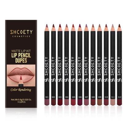 12-piece Nude Lip Line Set, Natural, Smooth Matte Lipstick Pencil