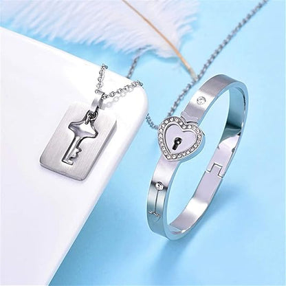 Lock Bracelet and Key Necklace Titanium Steel Couples Jewelry, Romantic Gift for Valentines Day, Birthday, Christmas, Wedding, Anniversary