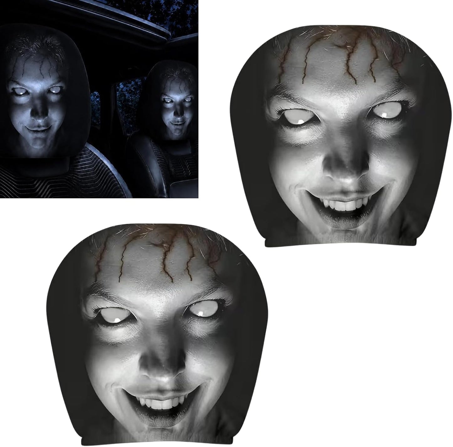 2Pcs Scary Face 3D Printing Auto Seat Headrest Protector
