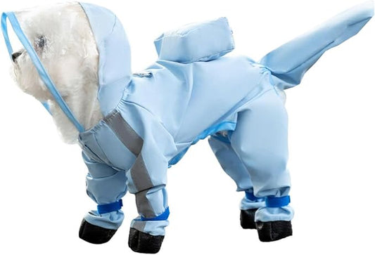 Full Coverage 4 Legs Dog Rain Coat with Hood,Reflective Strips&Leash Hole
