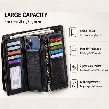 Men's Plain Black Business Style Long PU Leather Wallet - Stylish Clutch with Phone Pocket