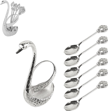 Luxury 6PCS Swan Coffee Spoon Set with Holder, Decorative Swan Stand Coffee Bar Accessories
