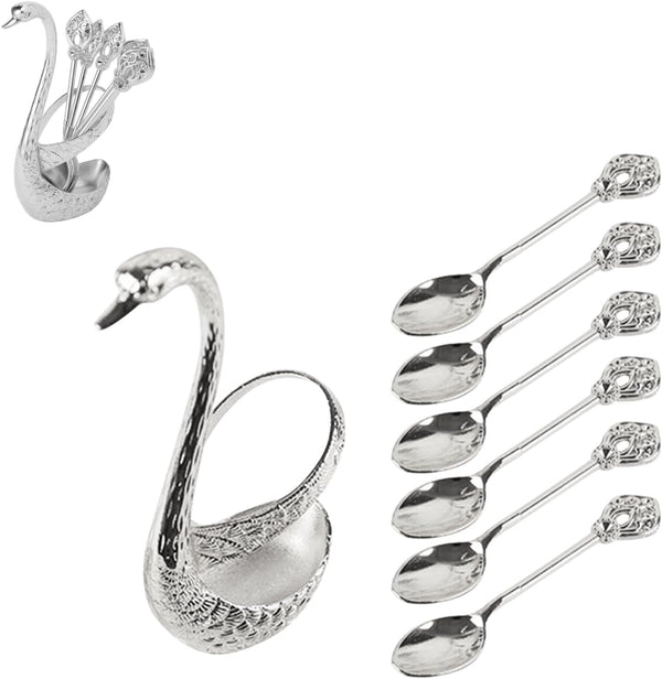 Luxury 6PCS Swan Coffee Spoon Set with Holder, Decorative Swan Stand Coffee Bar Accessories