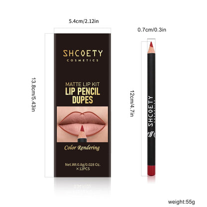12-piece Nude Lip Line Set, Natural, Smooth Matte Lipstick Pencil
