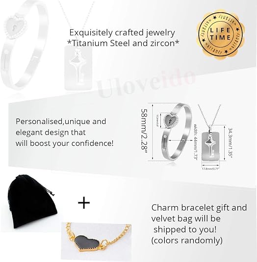 Lock Bracelet and Key Necklace Titanium Steel Couples Jewelry, Romantic Gift for Valentines Day, Birthday, Christmas, Wedding, Anniversary