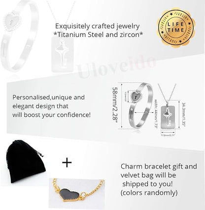 Lock Bracelet and Key Necklace Titanium Steel Couples Jewelry, Romantic Gift for Valentines Day, Birthday, Christmas, Wedding, Anniversary