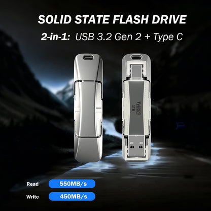 2TB Solid State USB Flash Drive 550Mbps High Speed USB C & USB 3.2 Dual Ports Thumb Drive