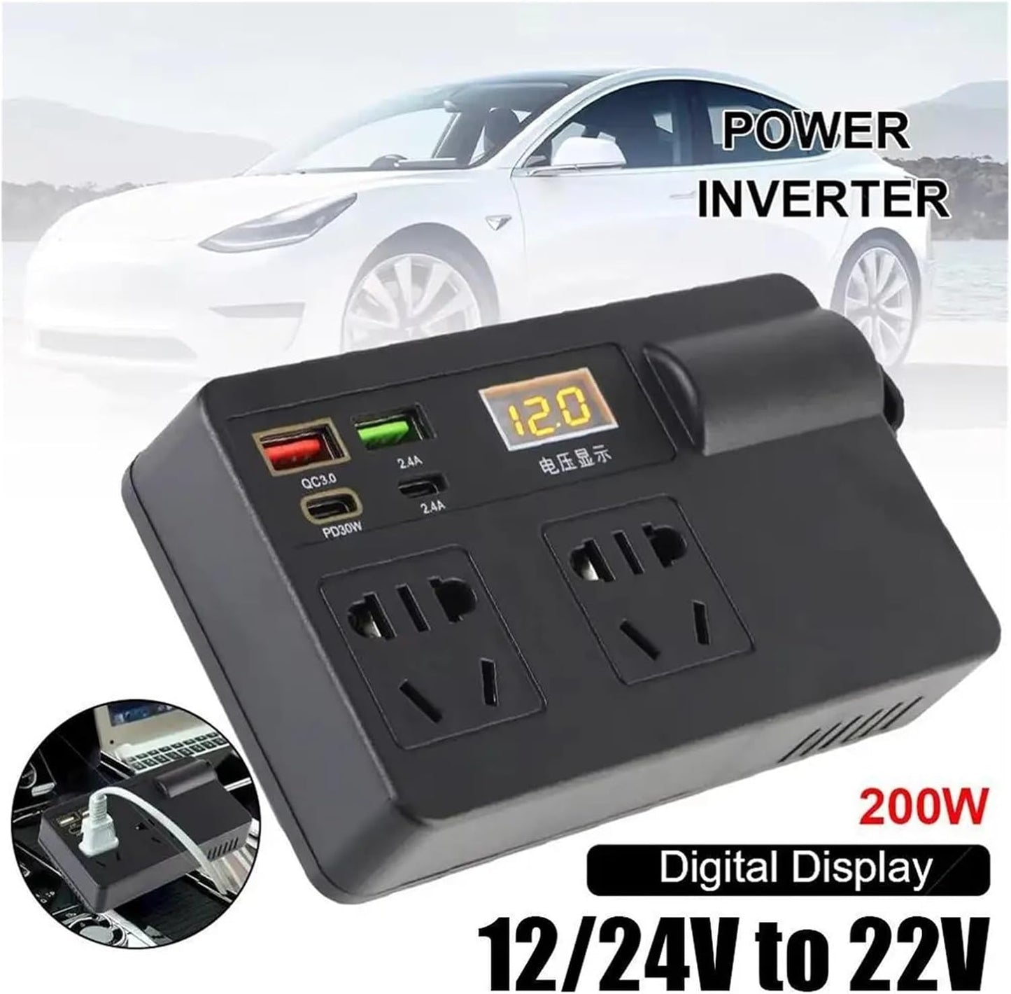 Portable Car Power Inverter 12V/24V to 220V with Digital Display