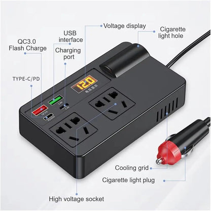 Portable Car Power Inverter 12V/24V to 220V with Digital Display