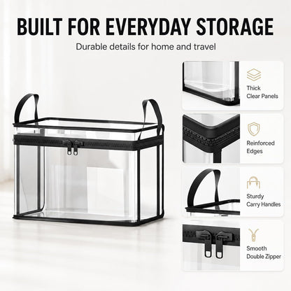 2 Pack Large Clear Thick Plastic Storage Box with Hinged Lid. for Clothes, Blankets and Books