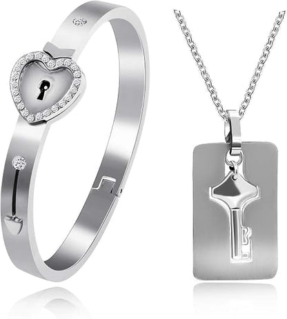 Lock Bracelet and Key Necklace Titanium Steel Couples Jewelry, Romantic Gift for Valentines Day, Birthday, Christmas, Wedding, Anniversary