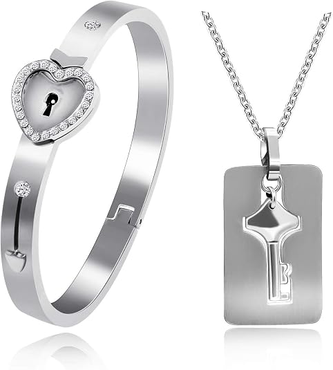Lock Bracelet and Key Necklace Titanium Steel Couples Jewelry, Romantic Gift for Valentines Day, Birthday, Christmas, Wedding, Anniversary
