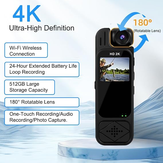 HD 4K 10 Hrs Portable Video Recorder with 180° Rotatable Lens Wearable Camcorder