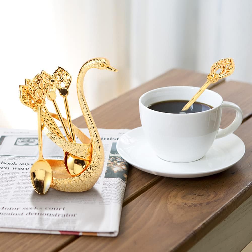 Luxury 6PCS Swan Coffee Spoon Set with Holder, Decorative Swan Stand Coffee Bar Accessories