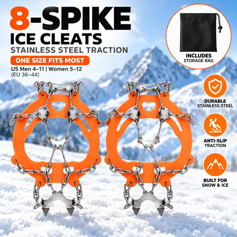 Ice Cleats for Shoes & Boots, 8-Spike Stainless Steel Traction Cleats