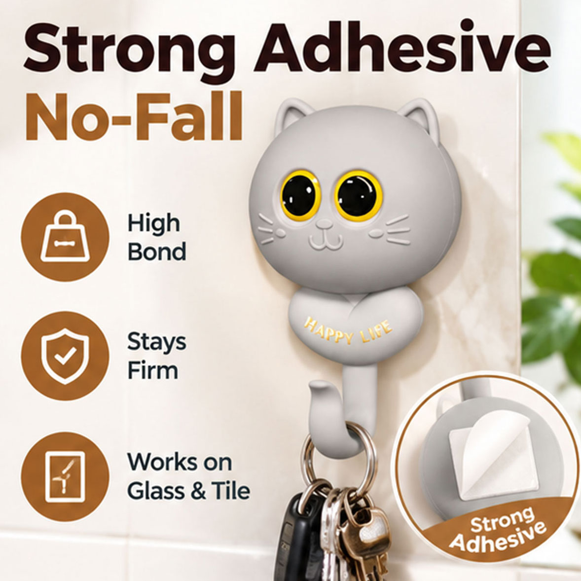 4 Pcs No-drilling Winking Cat Strong Adhesive Hook