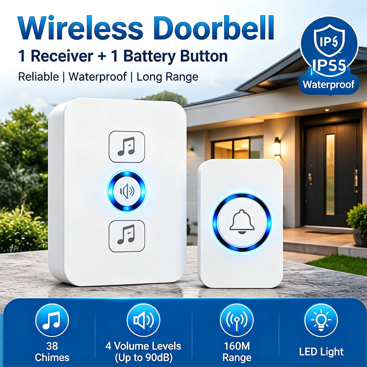 Wireless Doorbell for Home 1 Receiver 1 Button