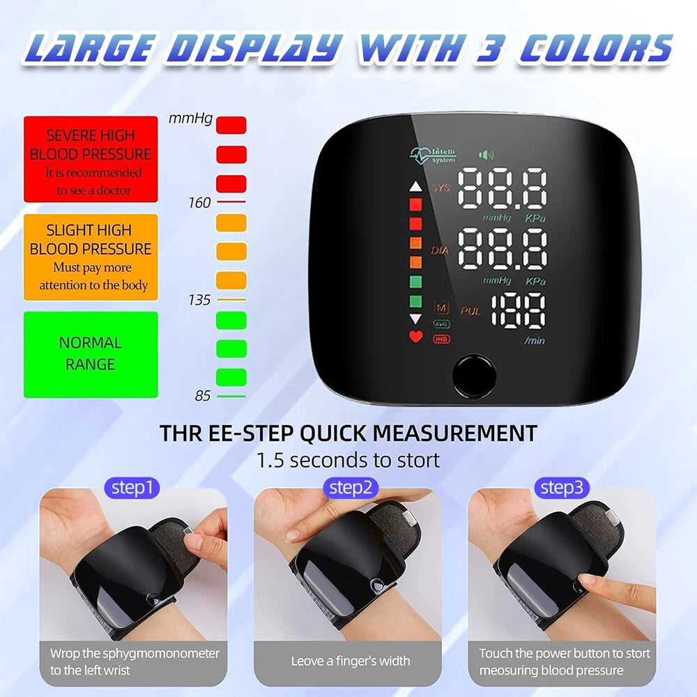 Wrist High Blood Pressure Monitor Automatic LCD Heart Rate Gauge BP Cuff Machine