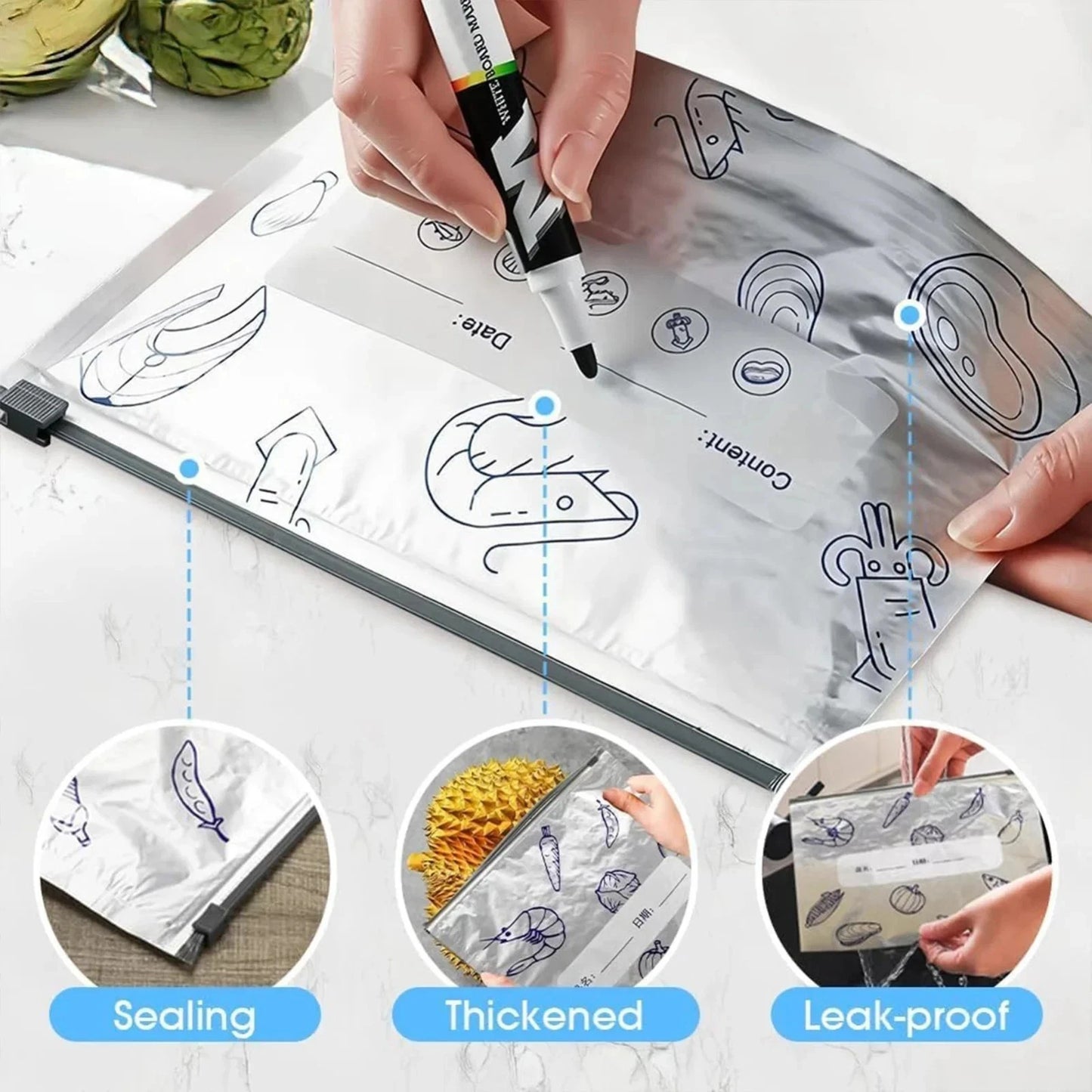 30PCS Reusable Aluminum Foil Sealable Storage Bags with Zipper For Meat Fruit