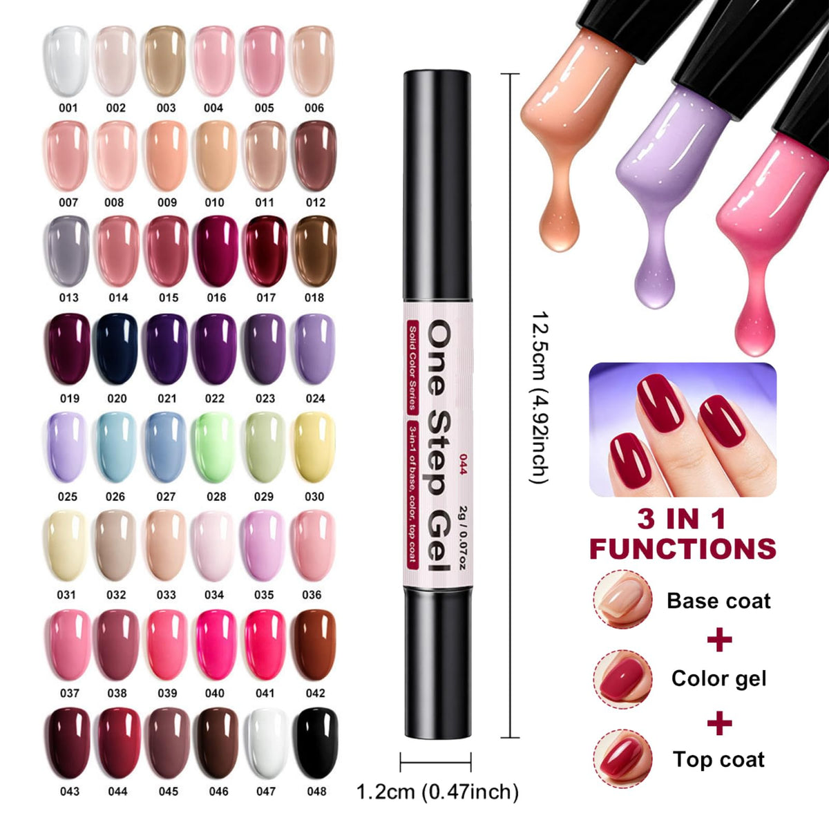 6 Color One Step Gel Nail Polish Pen Set,3-in-1 Solid Color Nail Art Pen