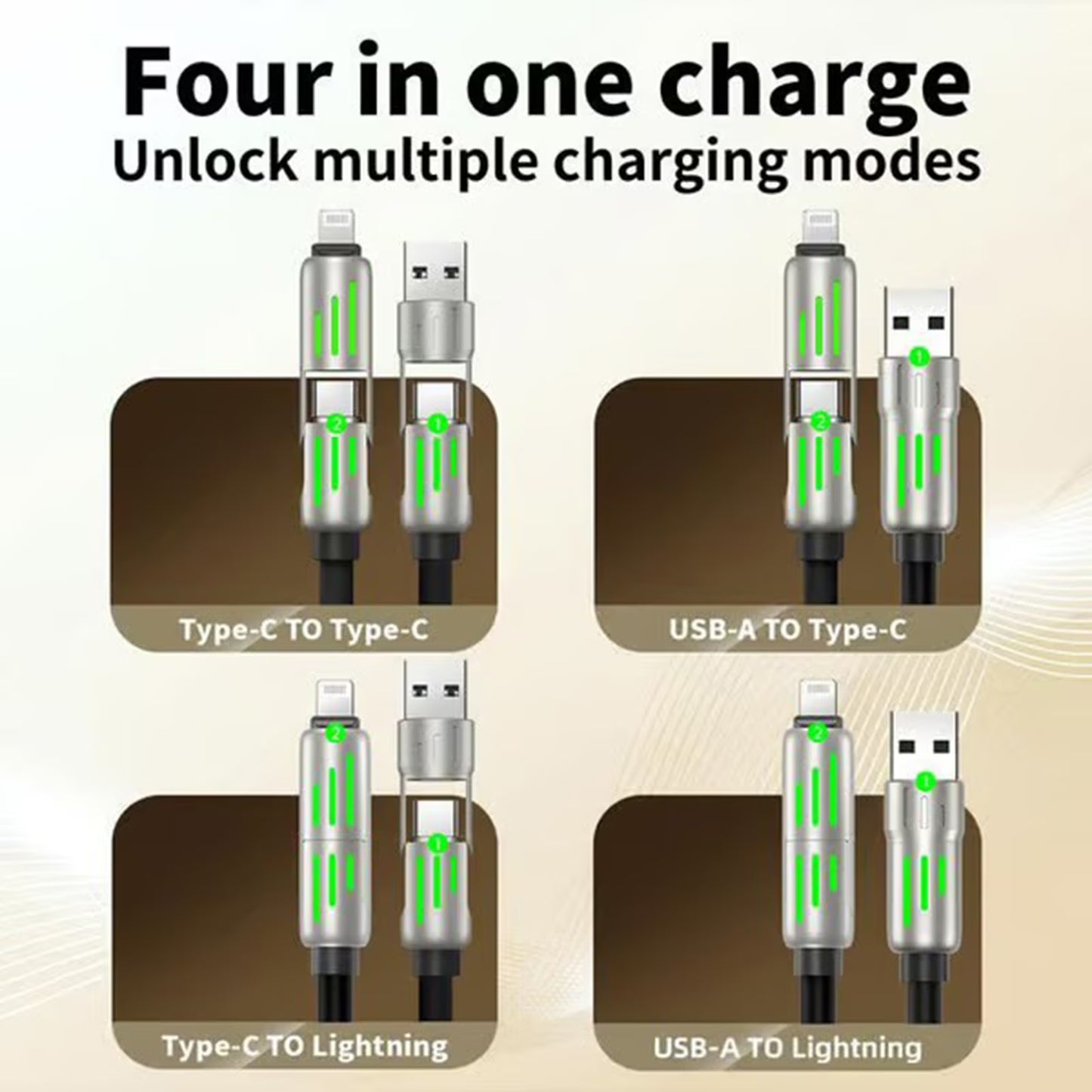 240W 4 in 1 Charging Cable 6.6FT, USB A/C to C/Lightning with Light iPhone Charger for iPhone