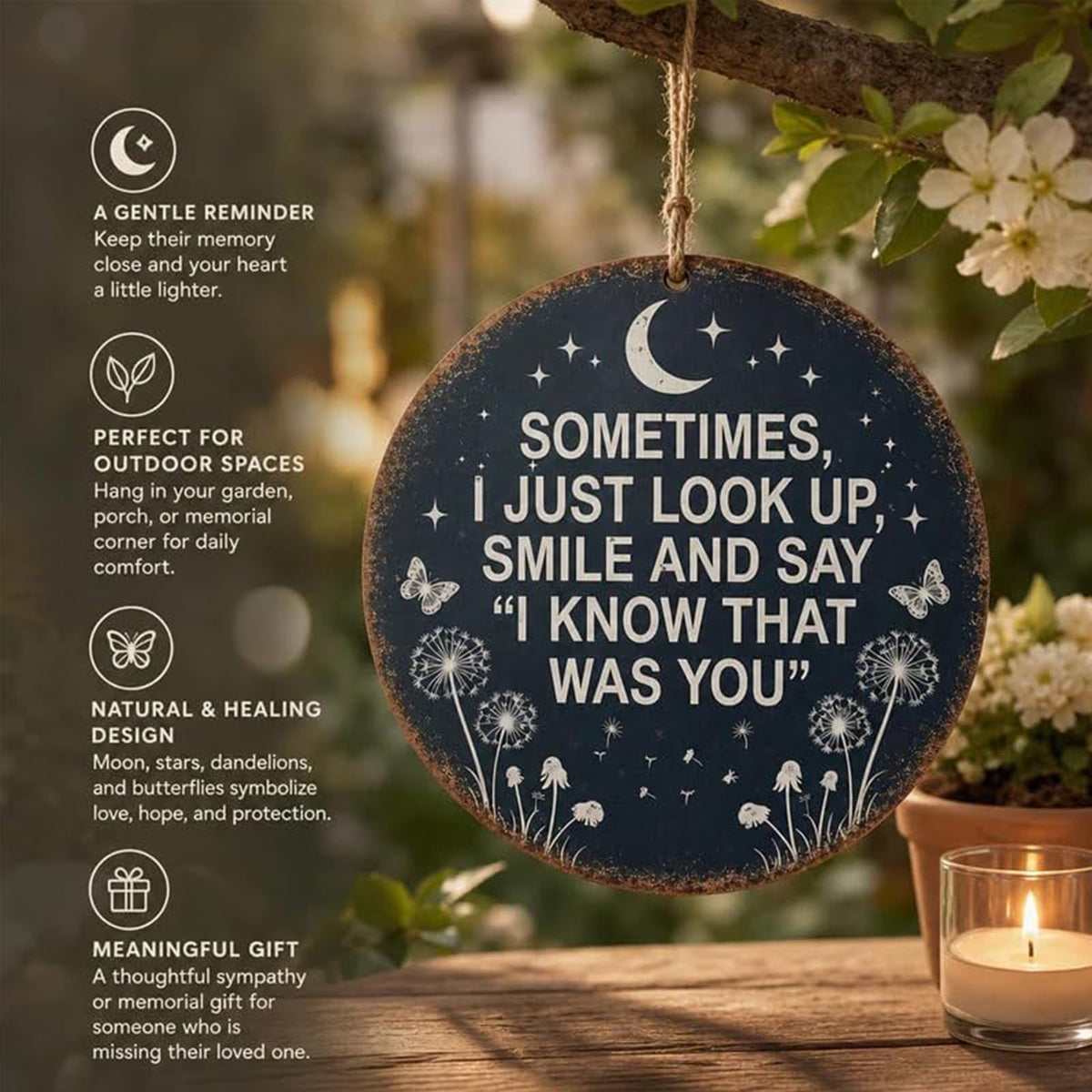 Memorial Garden Hanging Sign, Vintage Dandelion Metal Wall Art Sign