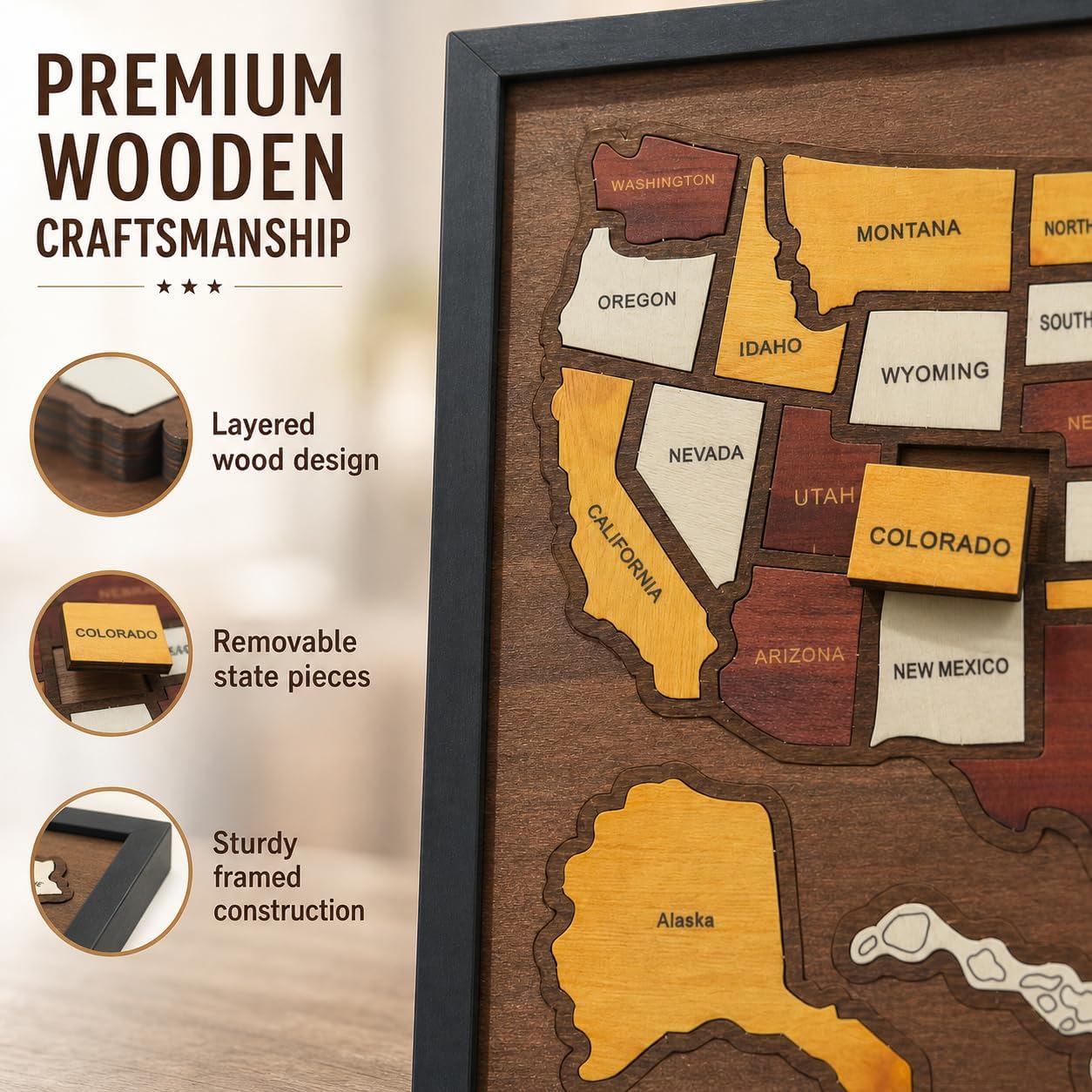 50 State Pieces Wooden USA Travel Map Puzzle with Stand
