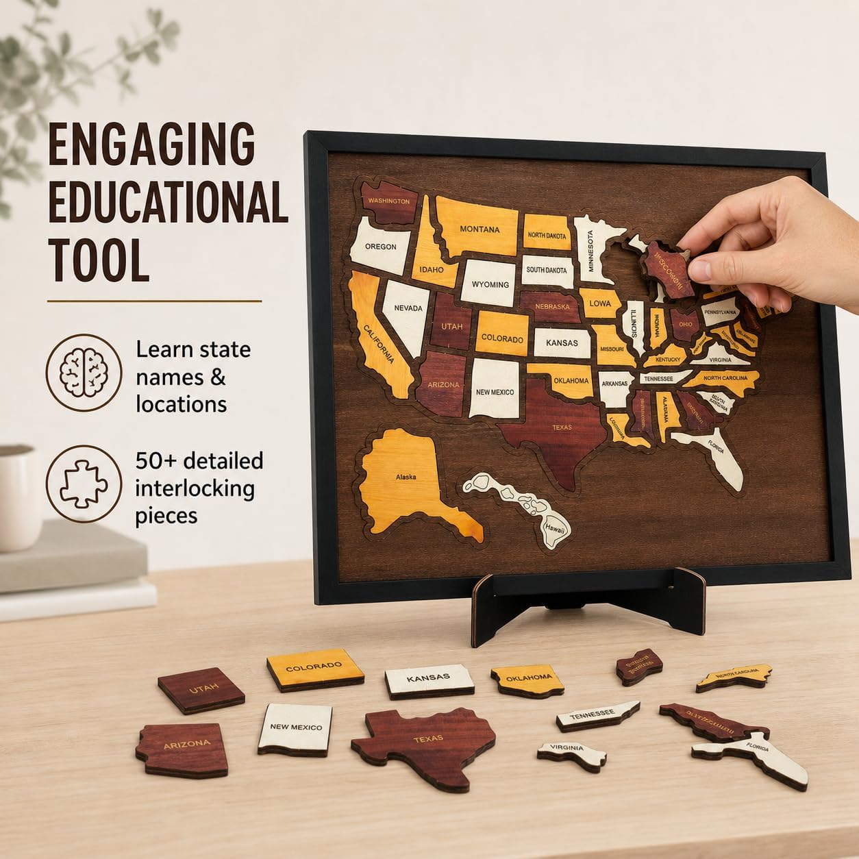 50 State Pieces Wooden USA Travel Map Puzzle with Stand