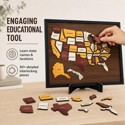 50 State Pieces Wooden USA Travel Map Puzzle with Stand