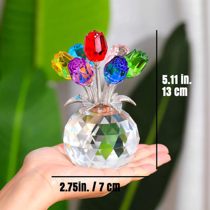 Ornalrist Crystal Colorful Rose Flower Collectible Figurine with Vase