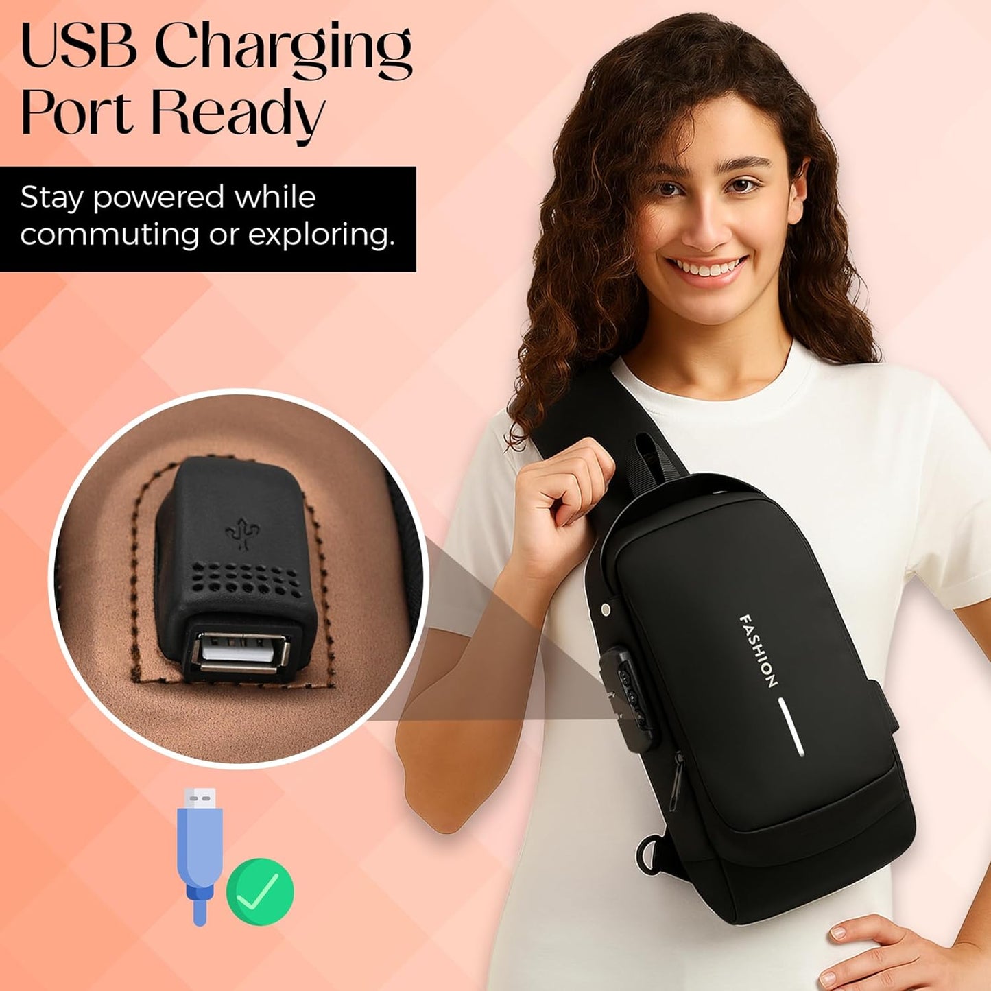 Water-Resistant Anti-Theft Sling Bag with USB Port